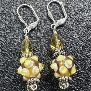 Glass lamp Work  Earrings Yellow, Amber snd White